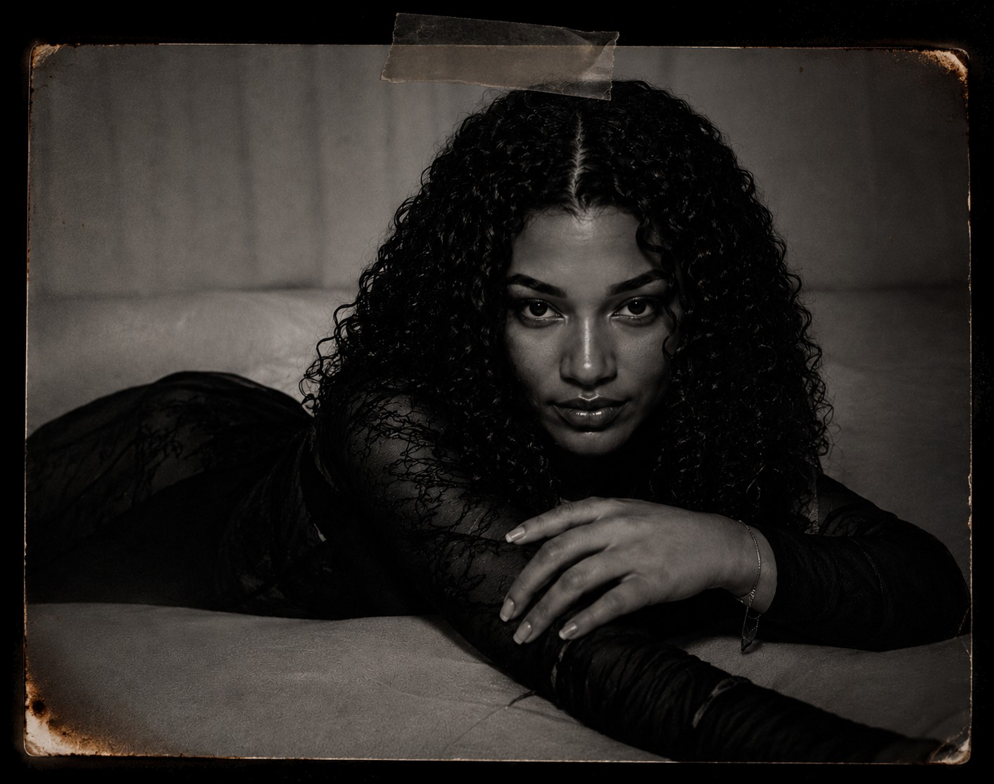 Editorial black-and-white photograph of Monique Togara